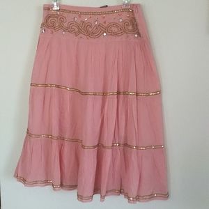 Three tier skirt, coral with gold beads, glass  sequins, 100% cotton,side zipper